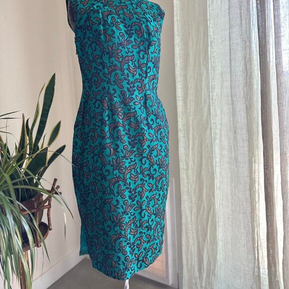 Vintage women’s Medium Dress Teal Brocade Sleeveless Dress Mandarin Collar - Picture 2 of 4
